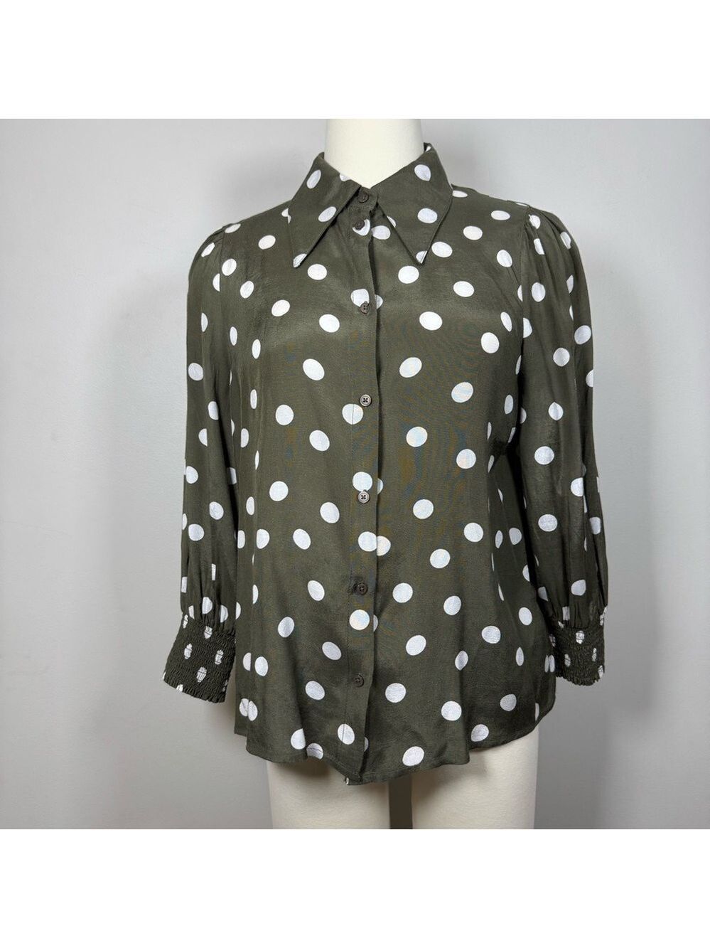 Kaffe  Olive Polka Dot Blouse Size 36 Small -Medium - Picture 4 of 10